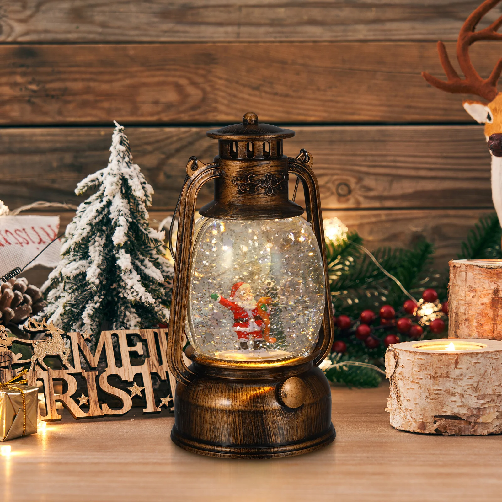 

Christmas Snow Globe Light Rotating Lantern Glitter Music Box USB Operated Warm Glow Xmas Table Decoration