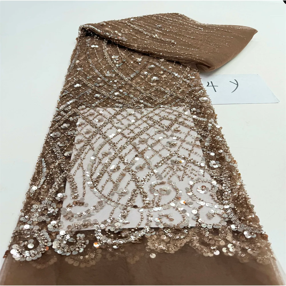 ผ้าลูกไม้ตาข่ายประดับลูกปัดแบบฝรั่งเศส ผ้าลูกไม้ปักเลื่อมคุณภาพสูงสำหรับชุดแต่งงานผู้หญิง 4 หลา