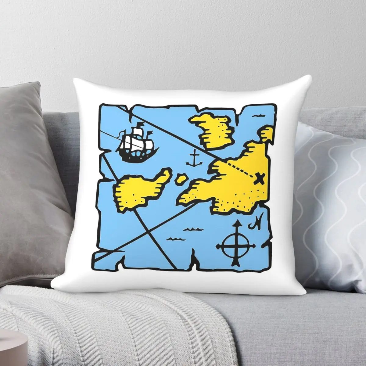 Pirate Treasure Map Square Pillowcase Polyester Linen Velvet Creative Zip Decorative Pillow Case Sofa Seater Cushion Cover