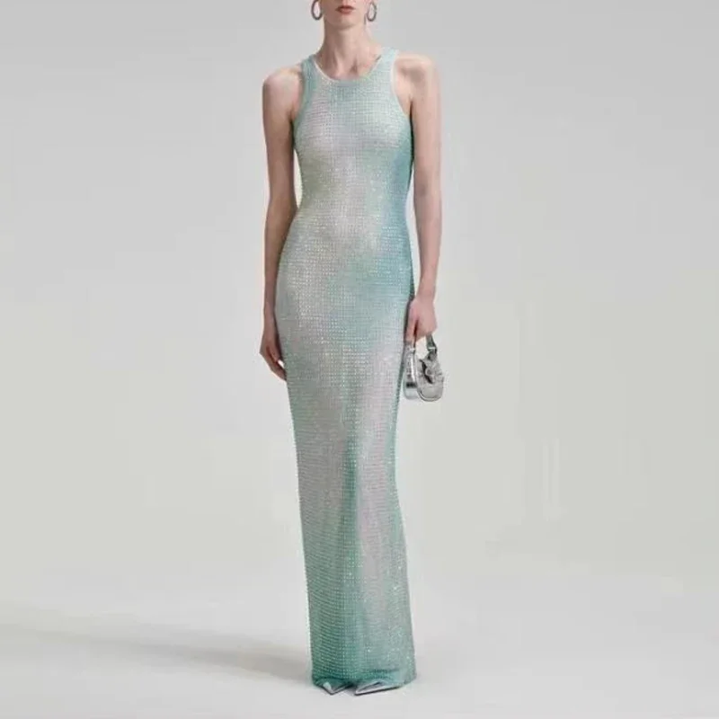 

Women Fashion Gradient Rhinestones Hot Drilled Round Neck Sleeveless Party Long Dress