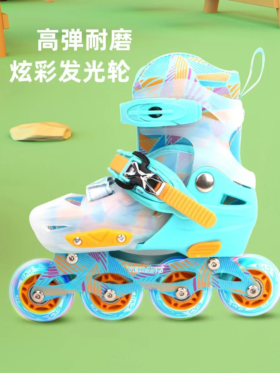 Children's Roller Skates, Professional Inline Skating, Boys and Girls, Beginners PU Luminous Flash, 4-Wheel Protective Gear Set