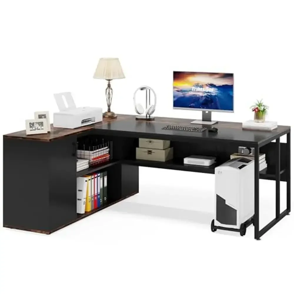 Large Executive L-Shaped Office Desk File Cabinet Printer Stand Storage Desk Home Office Workstation Brown Iron Frameulsive Work