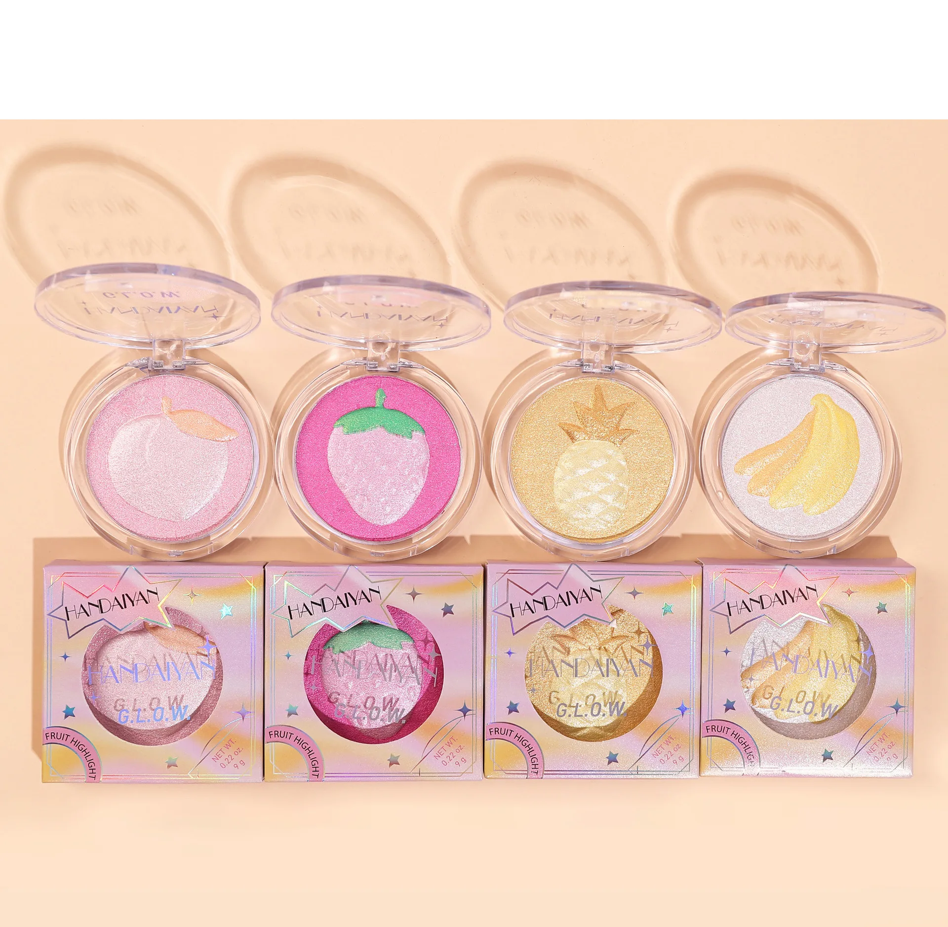 High Gloss Powder With Fruit Pattern 3d Diamond Glitter Highlighter Powder Cute Peach Pink Silver Facial Shadow Brightening