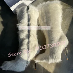 White Furry Knee High Boots Ladies Pointy Toe Side Zipper High Heels Shoes Women Sexy Fashion Sweet Big Size Stiletto Boots