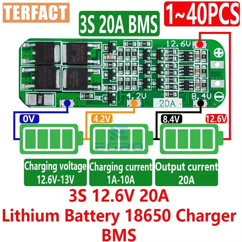 1- 40PCS TERFACT 3S 20A Li-Ion Lithium Battery 18650 Charger PCB BMS Protection Board for Drill Motor 12.6V Lipo Mobile Module
