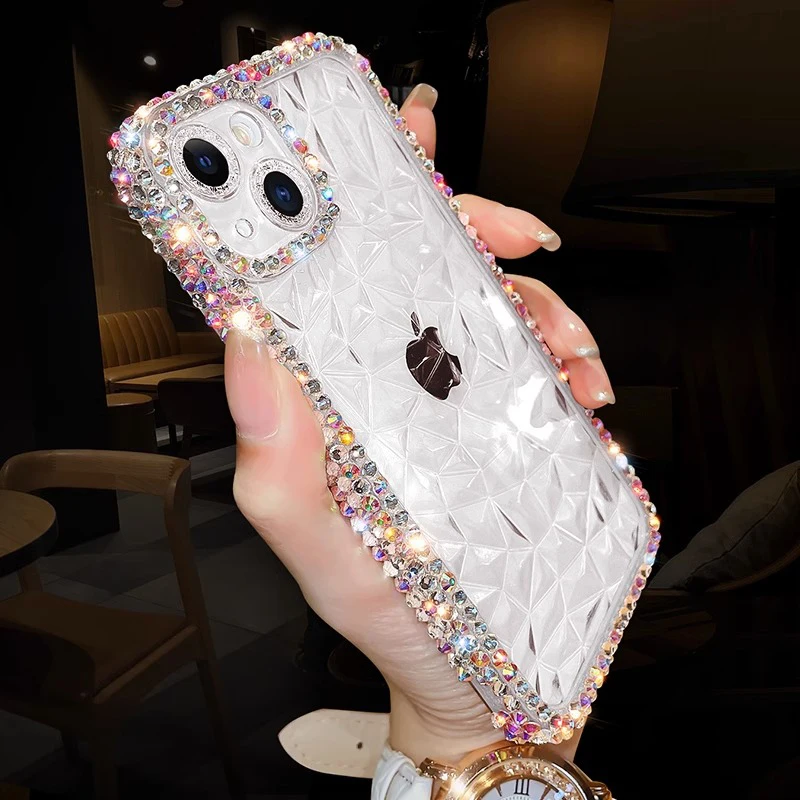 Water Ripple Shiny Diamonds Lanyard Case for iPhone 16 15 14 13 12 11 Pro Max Plus XR Xs Max SE Plush Lanyard Glitter Soft Cover