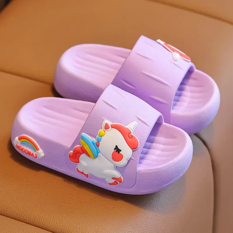 Summer Kids Home Shoes Baby Girls Slippers For 2-8 Years Children Cartoon Unicorn Bathroom Antislip Flip Flops Thick Sole Slides