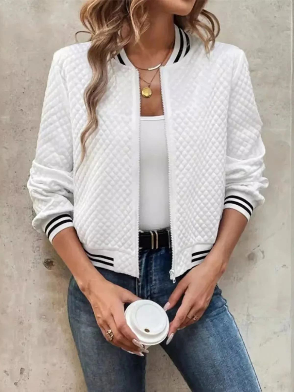 Rayé Long Sve Cheered ort Jaet Vêtements d'extérieur coupe ample pour femmes Col montant Fermeture à glissière Saison d'automne Régulier Épais...