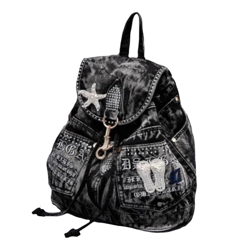 New Denim Backpack Korean Version Retro Diamond Denim Bag Street Personality Trend Ladies Solid Color Drawstring Lock Backpacks