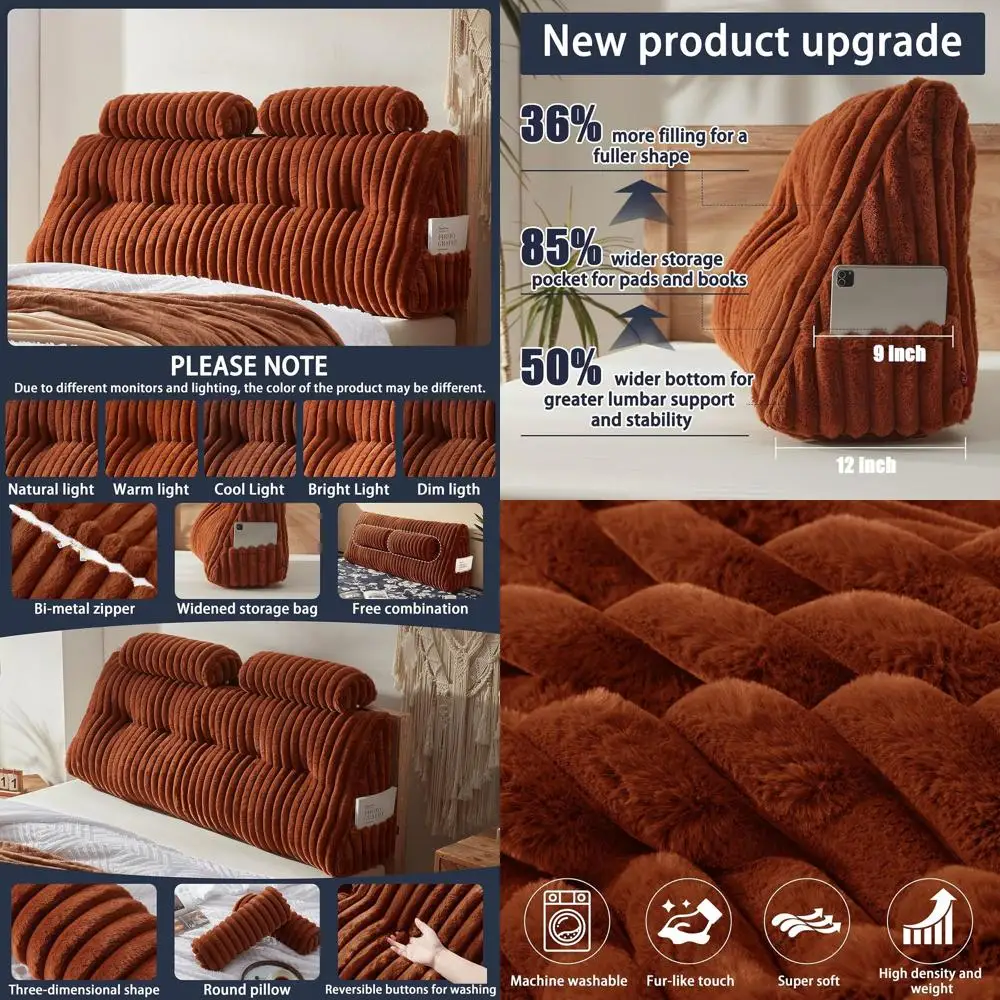 

Подушка из искусственного меха размера «queen-size» с двумя рулонами для шеи, мягкая и поддерживающая, съемный чехол (коричневый)