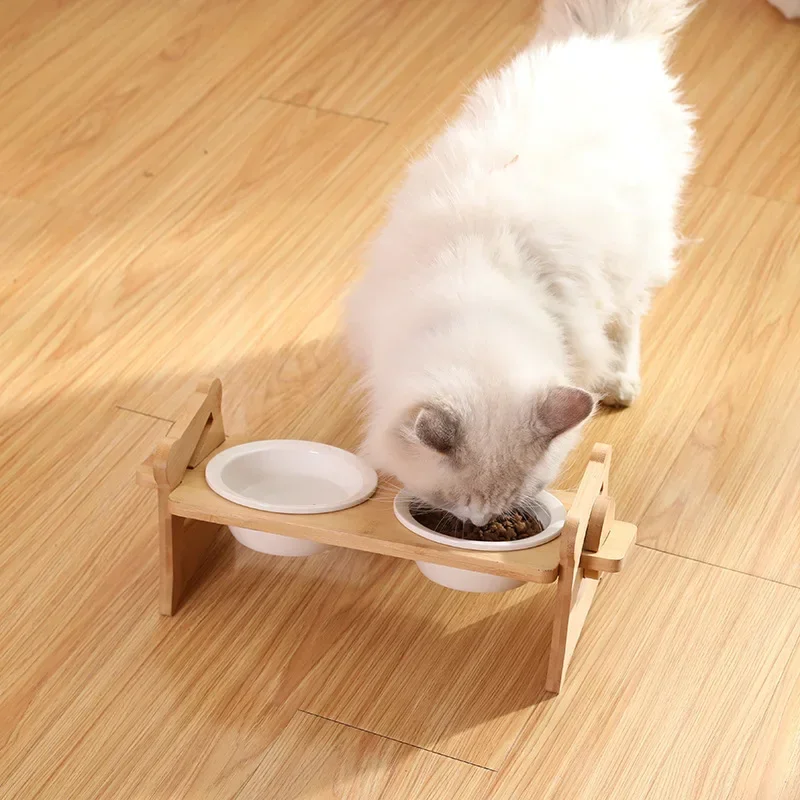 

Double Food Cute Ceramic Cat Water Table Wooden Bowl Dish Pets Dog Raised Supplies Pet Feeder Stand