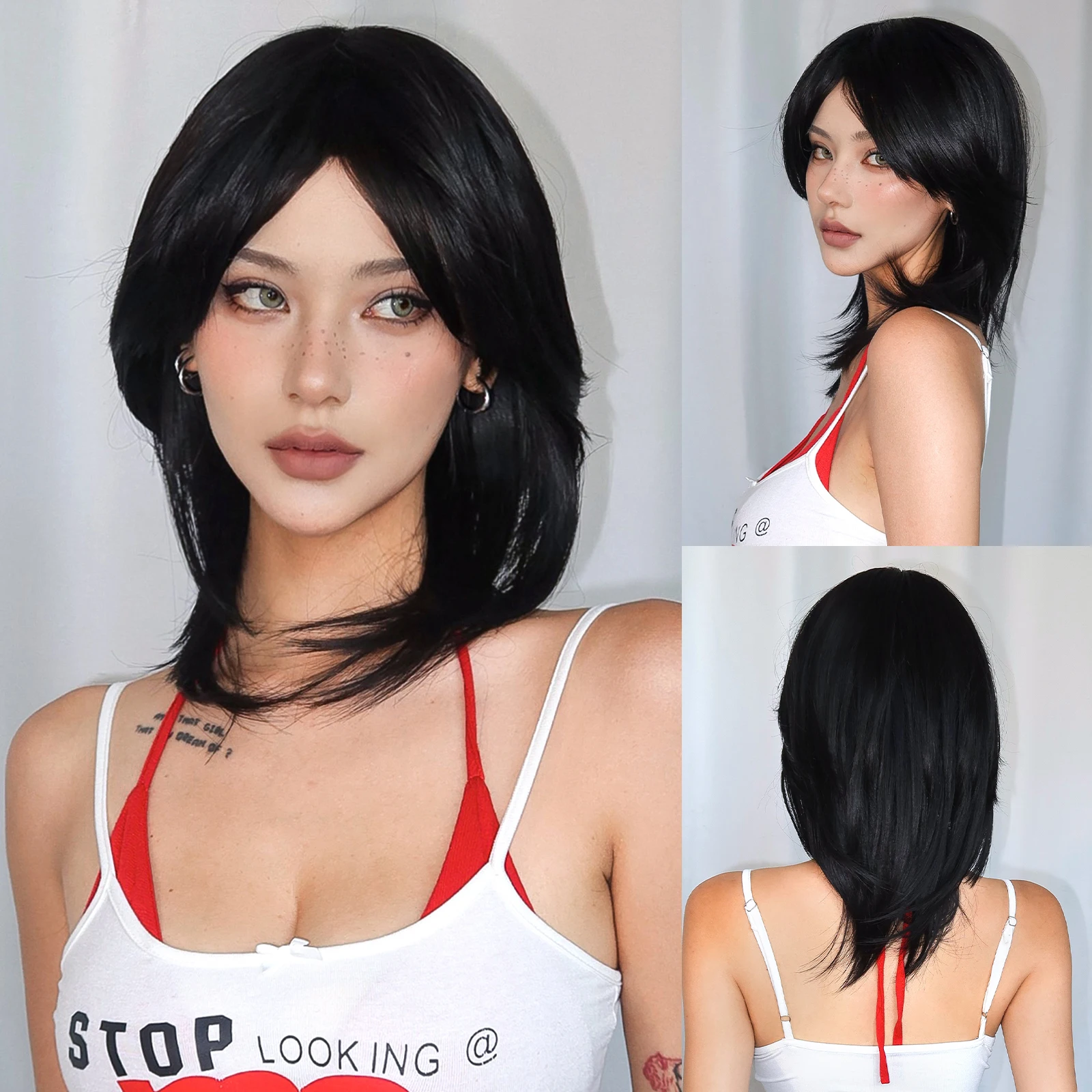 Short Straight Wolf Tail Wigs Natural Black Mullet Head Wig With Medium Part Bangs For Women Daily Cosplay Party Synthetic Hair