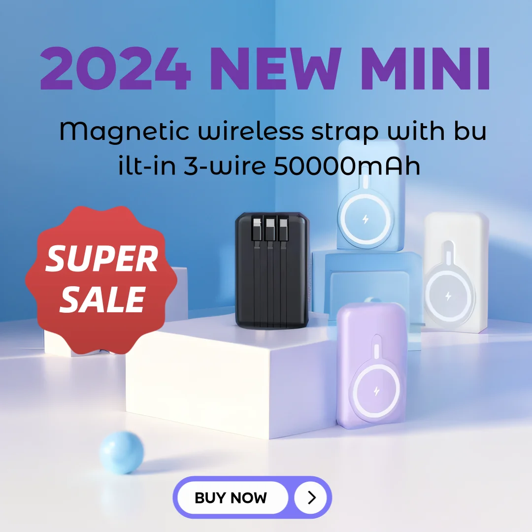 2024 New Wholesale Magnetic Wireless Strap Built-in 3-Wire 50000mAh Portable Large Capacity Mini Fast Charging Power Bank