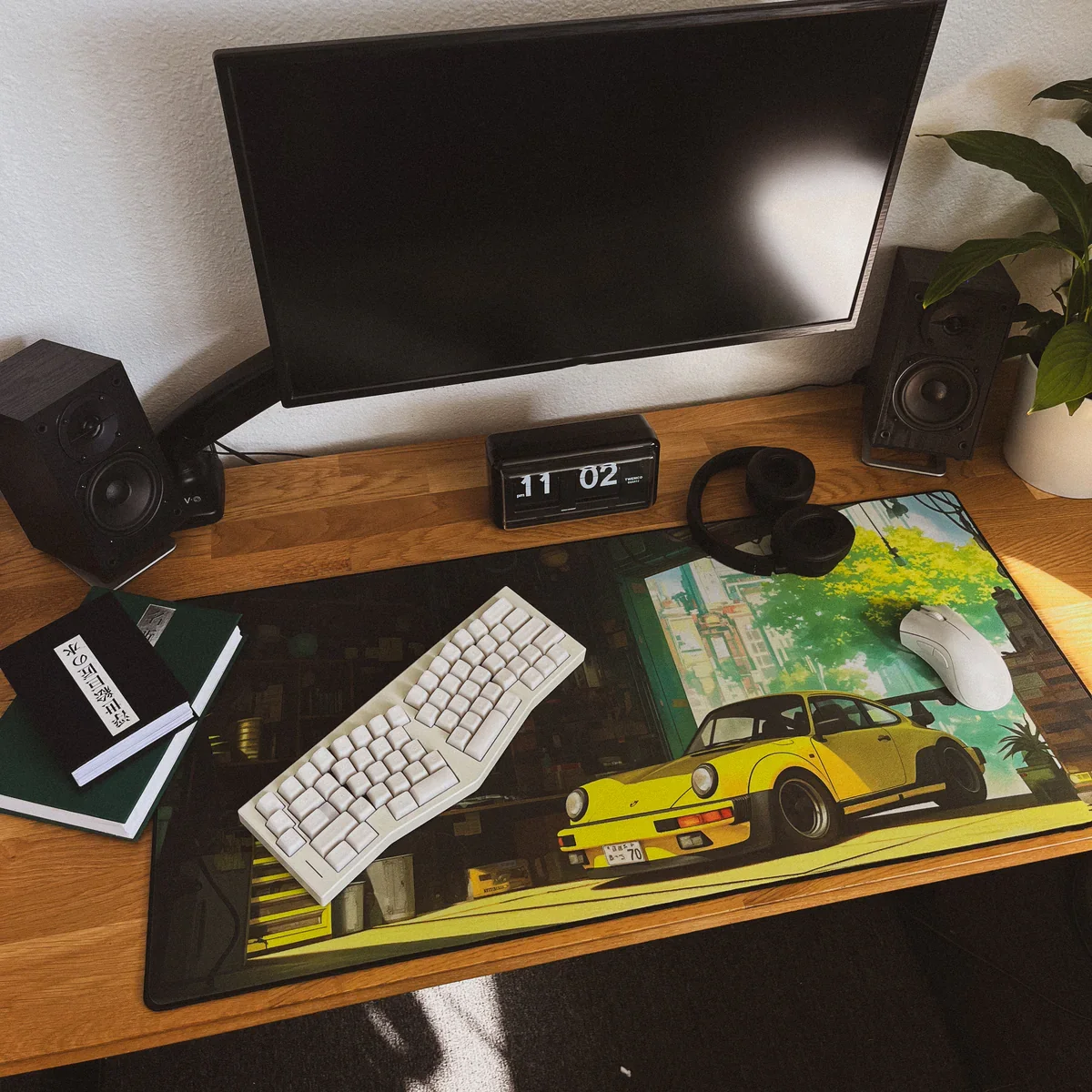 

Cyber Garage mousepad: Yellow Retro Ride in Neon-Lit Workshop, Fusing Vintage Cool with Futuristic City Vibes