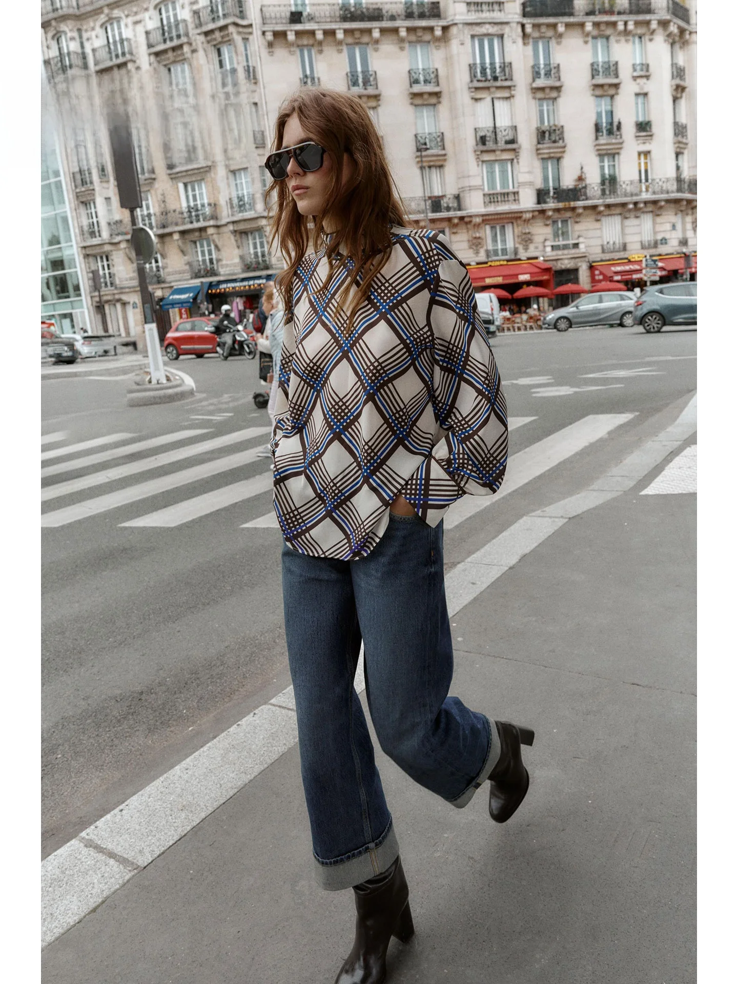 ZAPRHA Outono 2025 Loose Fit Xadrez Gola Alta Longa Sve irt Top de Emagrecimento Feminino Casual Sle Confortável Vestuário Fem