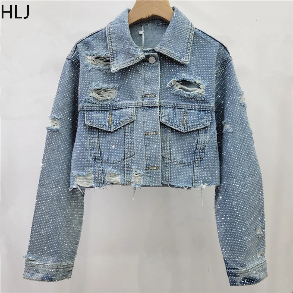Set Dua Potong Celana Pendek Denim Berkualitas Tinggi HLJ Blue Fashion dengan Hiasan Rhinestone, Atasan Crop Lengan Panjang Kancing Kerah + Celana Pendek Streetwear Wanita