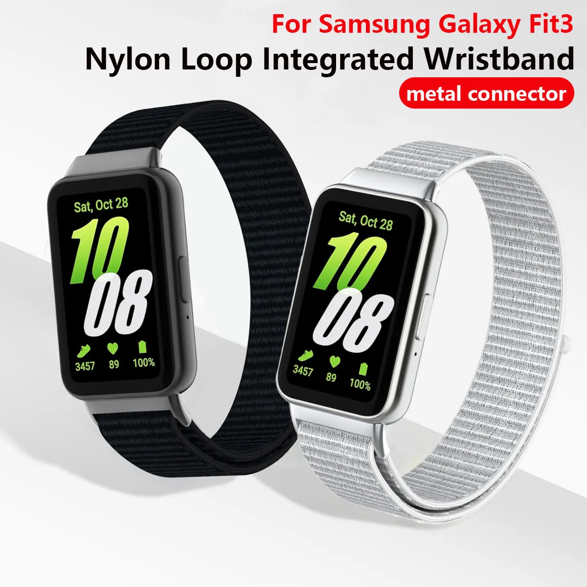 Nylon Loop Strap for Samsung Galaxy Fit 3, Breathable Sport Wristband with Metal Connector, Replacement Watch Band for Men Women