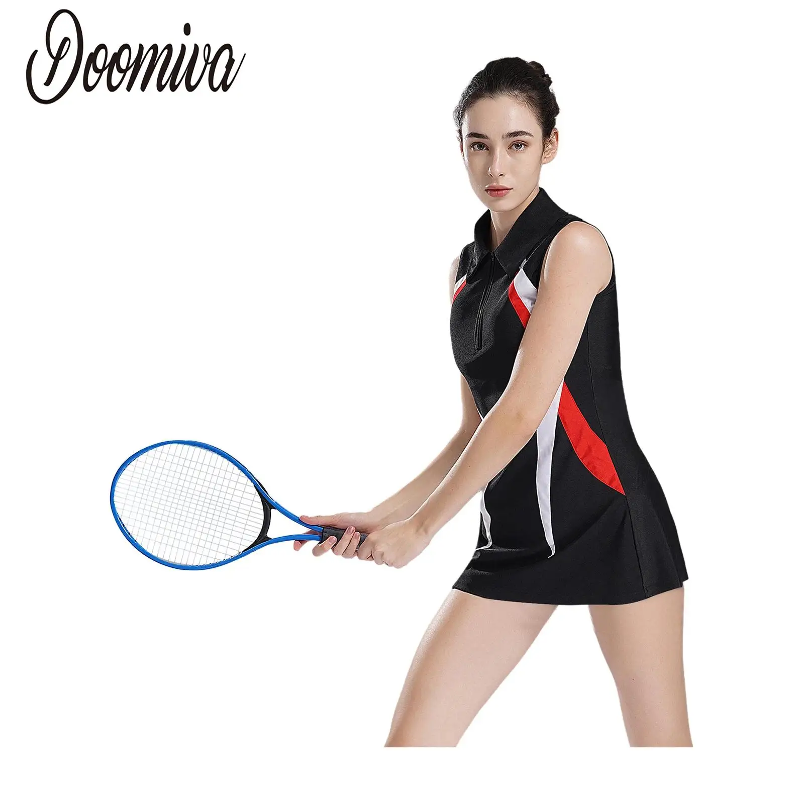 Women Adults Golf Tennis Dress Badminton Sportswear Sleeveless Zipper Slim Fit Athletic Dresses Workout Running Biking Costume