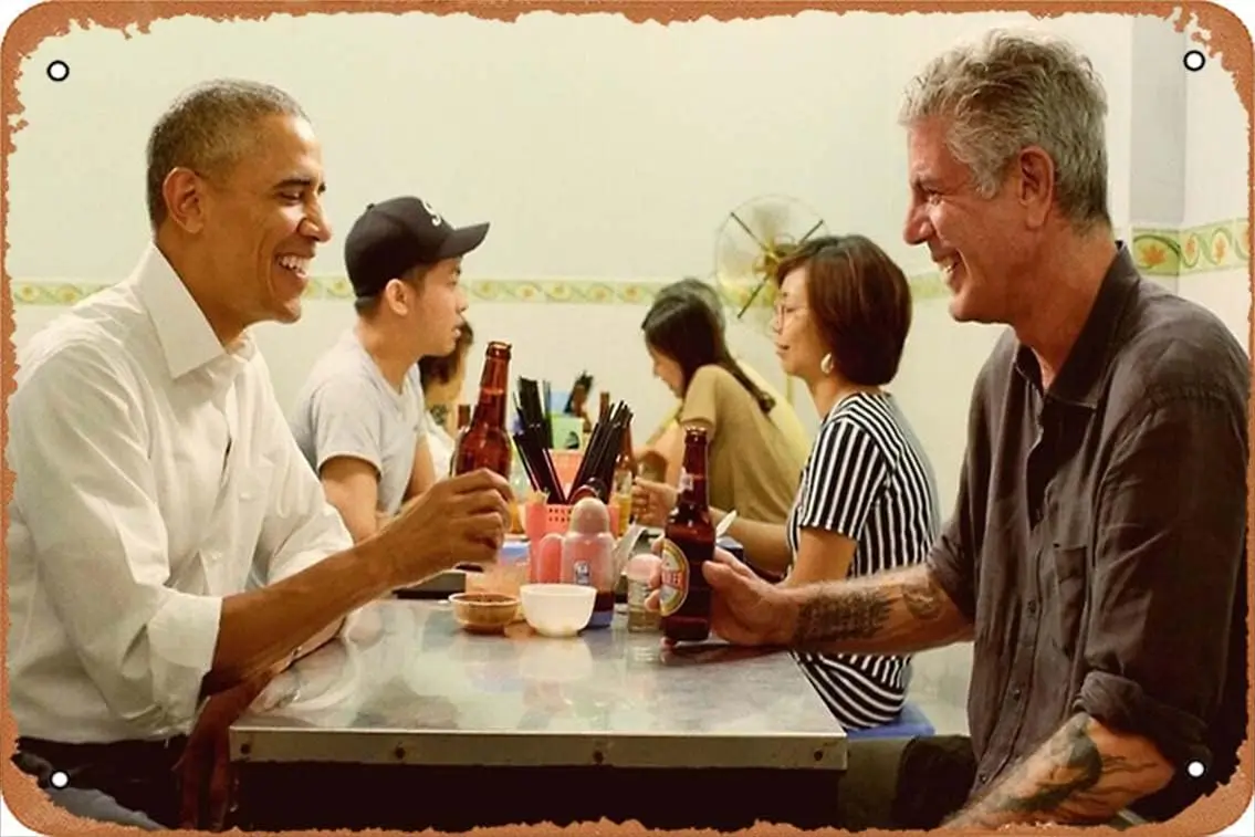 anthony bourdain and barack obama poster Poster Metal Sign Retro Home Decorative Vintage Tin Sign 12 x 8 Inch