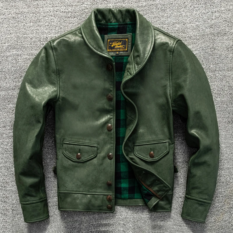 Cossack Green Fruit Collar First Layer Mixed Sheepskin Real Leather Clothes Men Amekaji Wear American Casual Real Leather Jacket