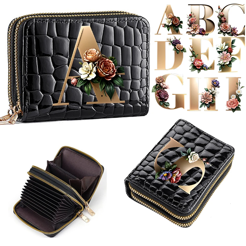 Damen-Geldbörse mit 26 Buchstaben, Blumenmuster, sichere Clutch mit doppeltem Reißverschluss, PU-Leder-Geldbörse mit Kartenfächern, Cartoon-Aufbewahrungskartentasche