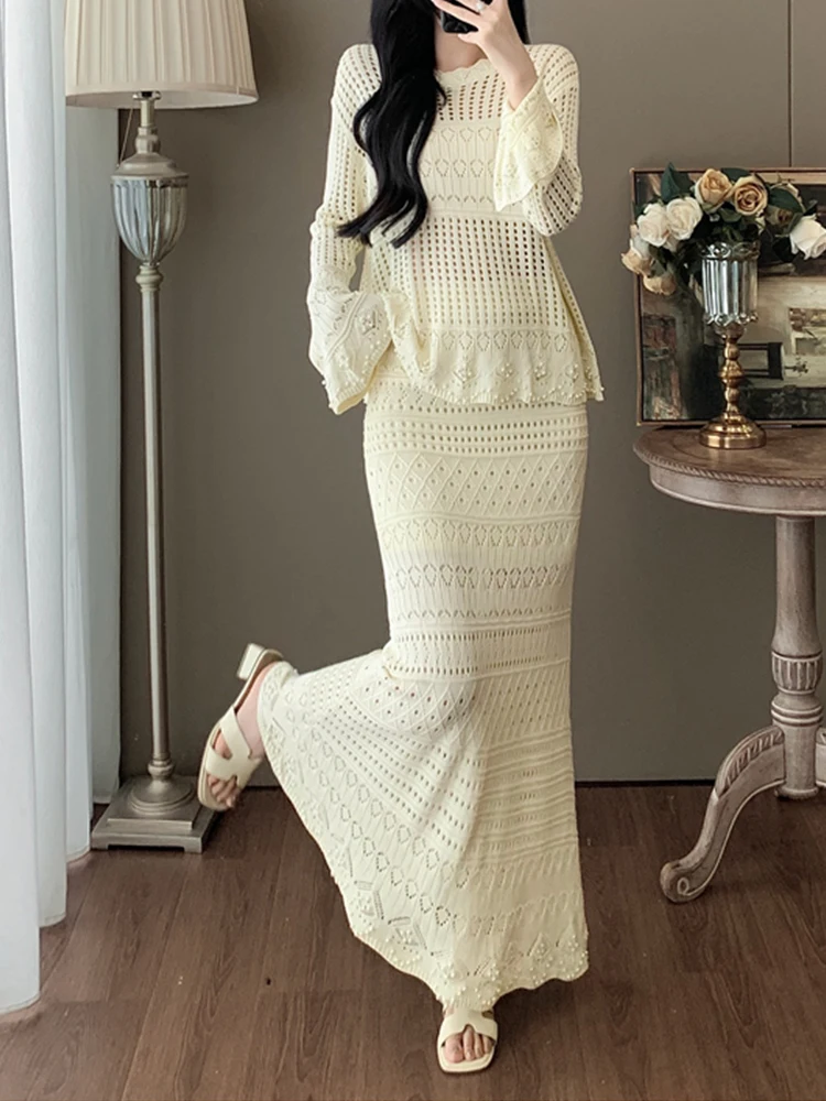 

High Quality Round Neck Knitted Trumpet Long Sleeved Top+Skirt Two-Piece Set 2025 New Fashionable Women'S Clothing