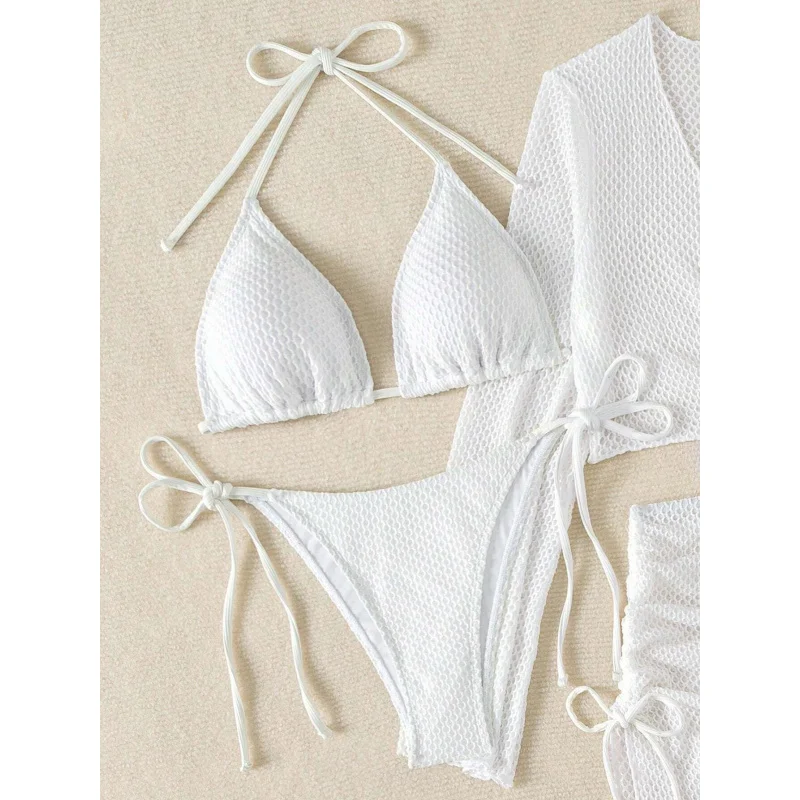 2025New Style Four-Piece Set White Simple Halter Tie Sexy Bikini Swimsuit Pure Desire Women
