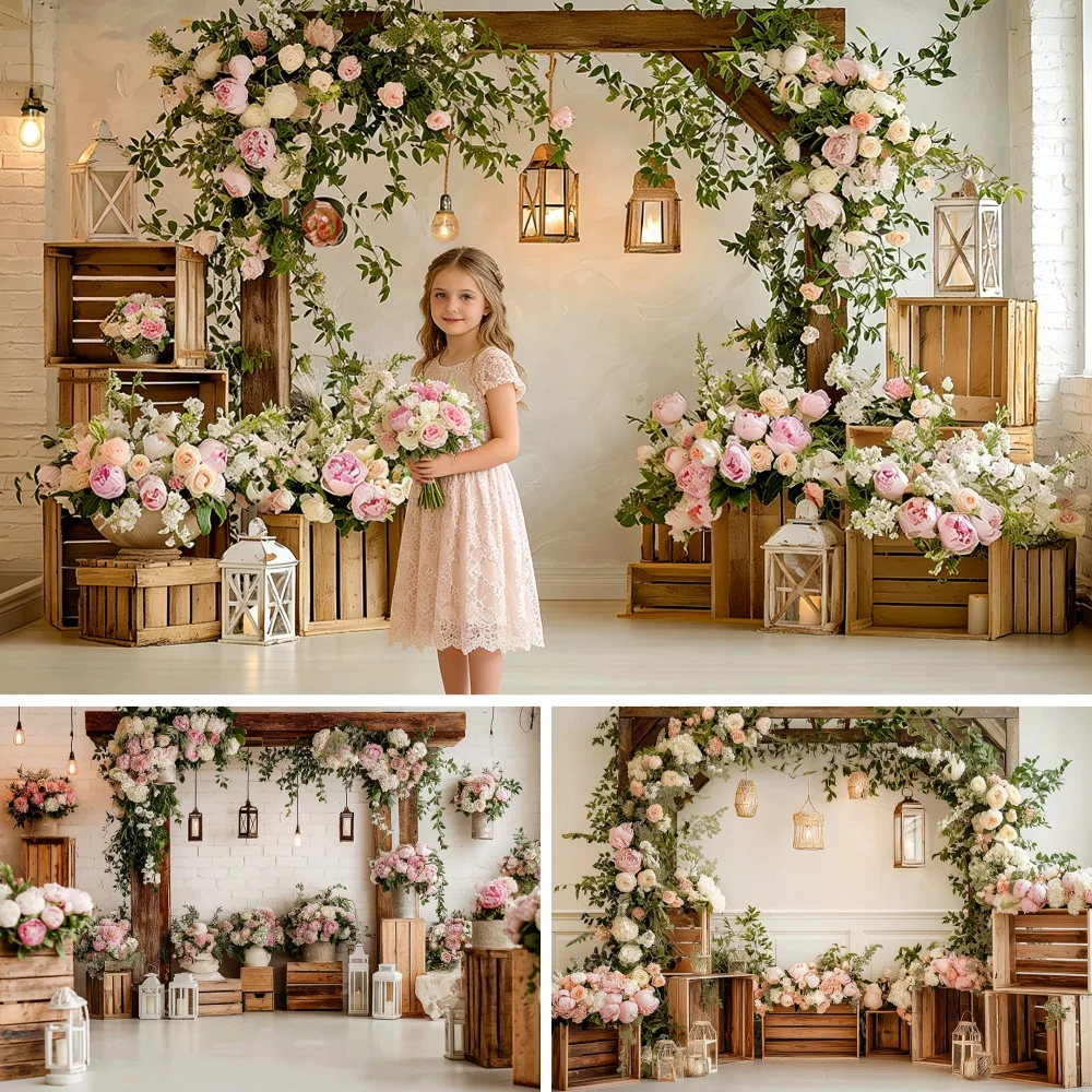 

Spring Flowers Wooden Arches Photography Background Children Birthday Party Banner Home Decoration Photo Studio Background Props