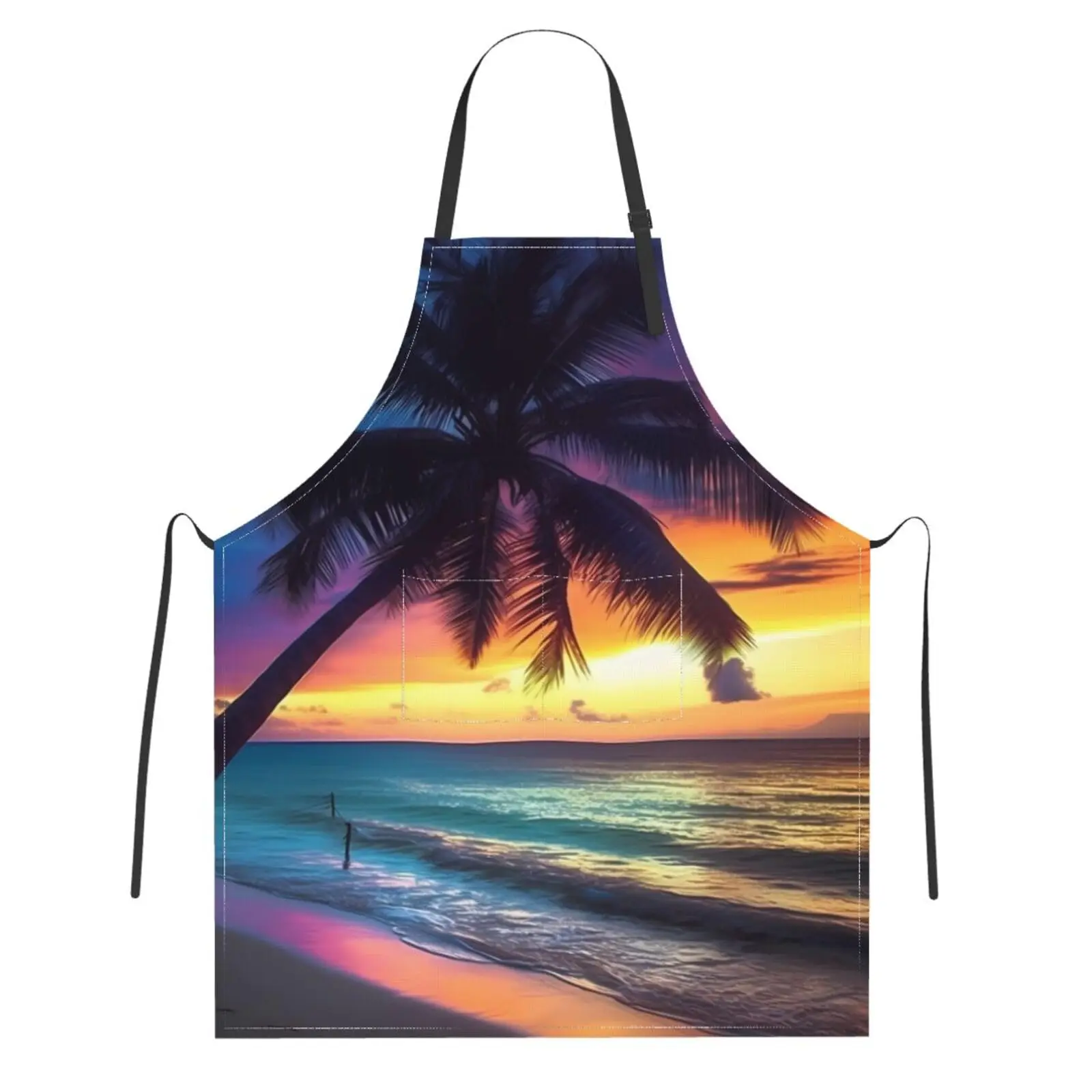 

Sunset Beach Adjustable Apron with Pockets, Coconut Tree Chef Bib for Cooking