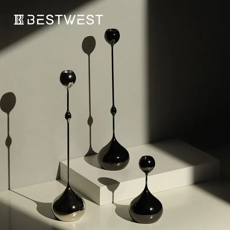Metal black titanium electroplating high-footed floor wrought iron candle holder set, high-end hotel soft decoration ornament