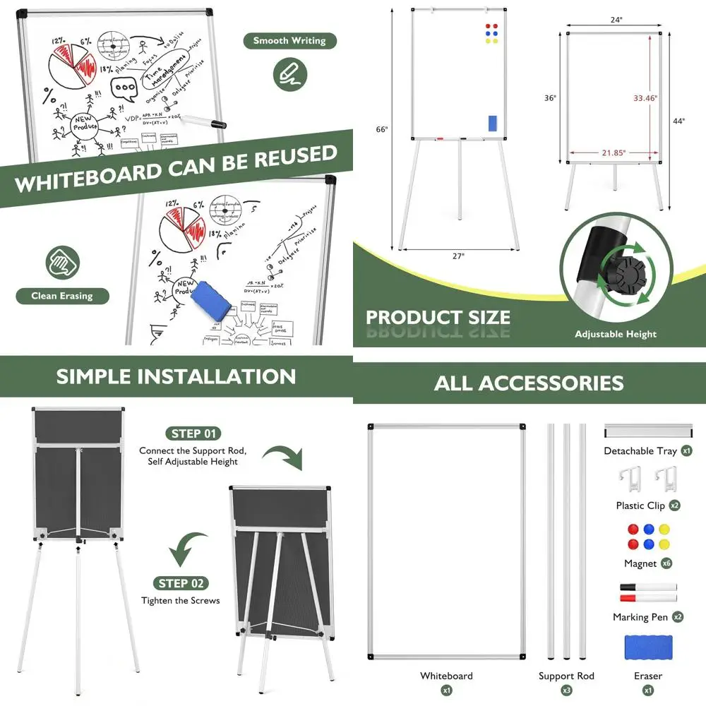 حامل سبورة بيضاء مغناطيسي ثلاثي القوائم بارتفاع قابل للتعديل، لوح مسح جاف 36 × 24، حامل عرض مع 6 مغناطيسات، ممحاة، وقلمين