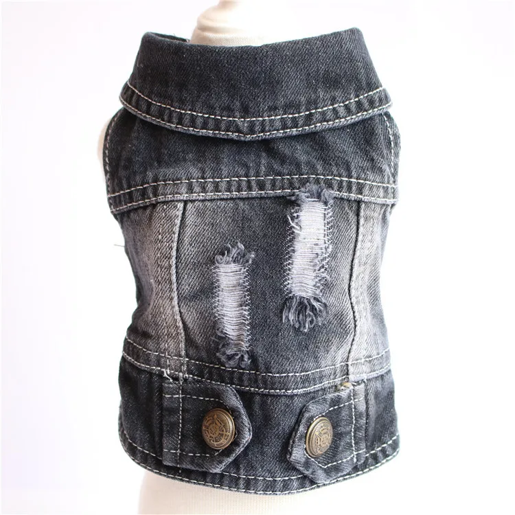 Venta al por mayor de ropa para mascotas, moda clásica, ropa vaquera fresca para perros, chaleco para perros pequeños, Bichon Teddy, chaleco con agujeros rotos, chaqueta vaquera para perros