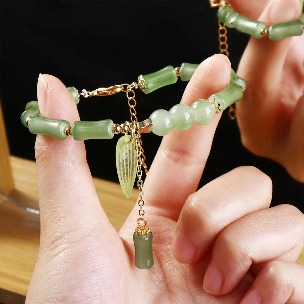 Chinese Style Green Bamboo Bracelet Bamboo Shape Leaf Imitation Jade Bracelet Classic Chic Leaf Pendant Bracelet