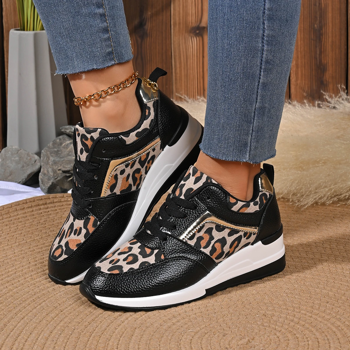 Leopard Wedge Sneakers Women Spring 2025 Chunky Platform Lace Up Vulcanized Shoes Woman Plus Size 43 Casual Shoes Trainers Mujer