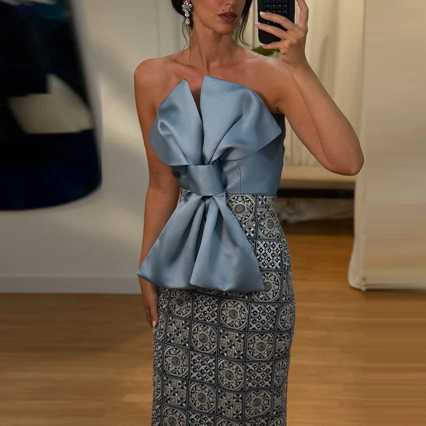 

Blue Satin Women Top Ruched Big Bow Style Zipper Back Strapless Short Top Custom Color Size Formal Wear To Party