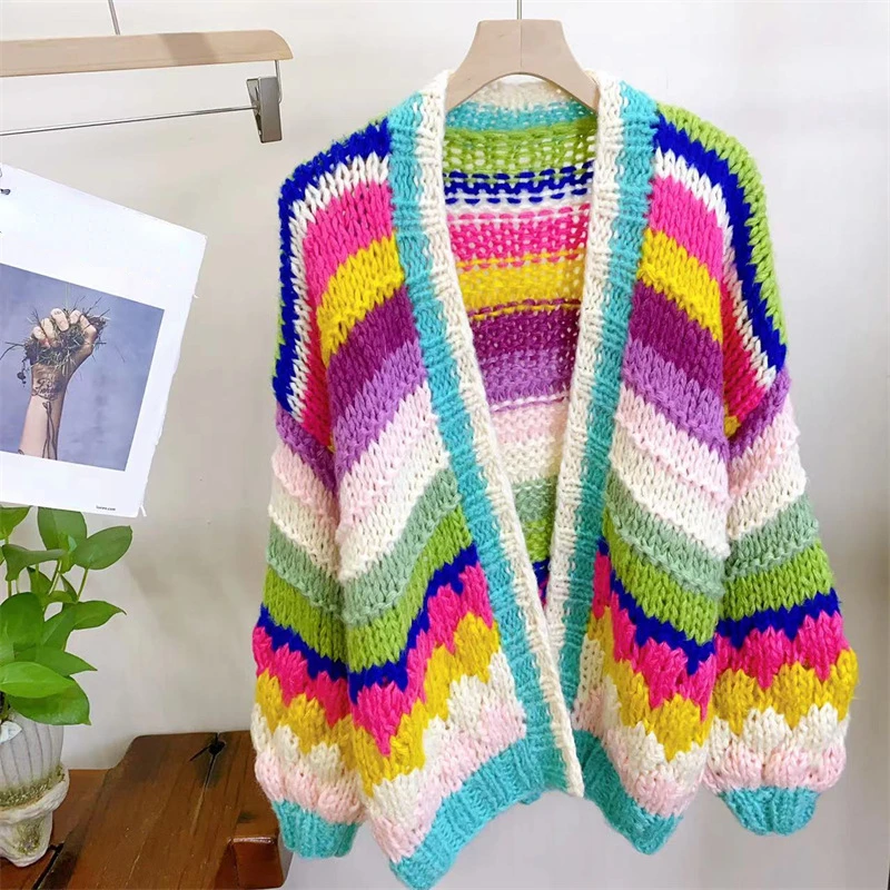 Women Colorful Rainbow Chunky Knit Mohair Sweater Handmade Bulky Cardigan Warm 2023 Autumn Winter New In