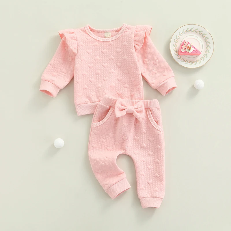 Newborn Baby Girl 2pcs Clothes Fall Spring  Heart Sweatshirt Pullover Top Bowknot Pants Valentine´s Day Outfits 2023