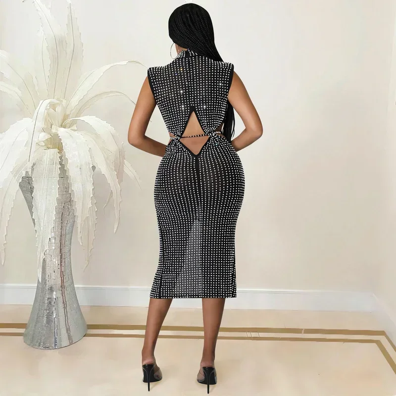 GUWU 메쉬 시스루 컷아웃 허리 트임 미디 다이아몬드 드레스 여성용 섹시 파티 클럽 시크 핫 라인스톤 선드레스