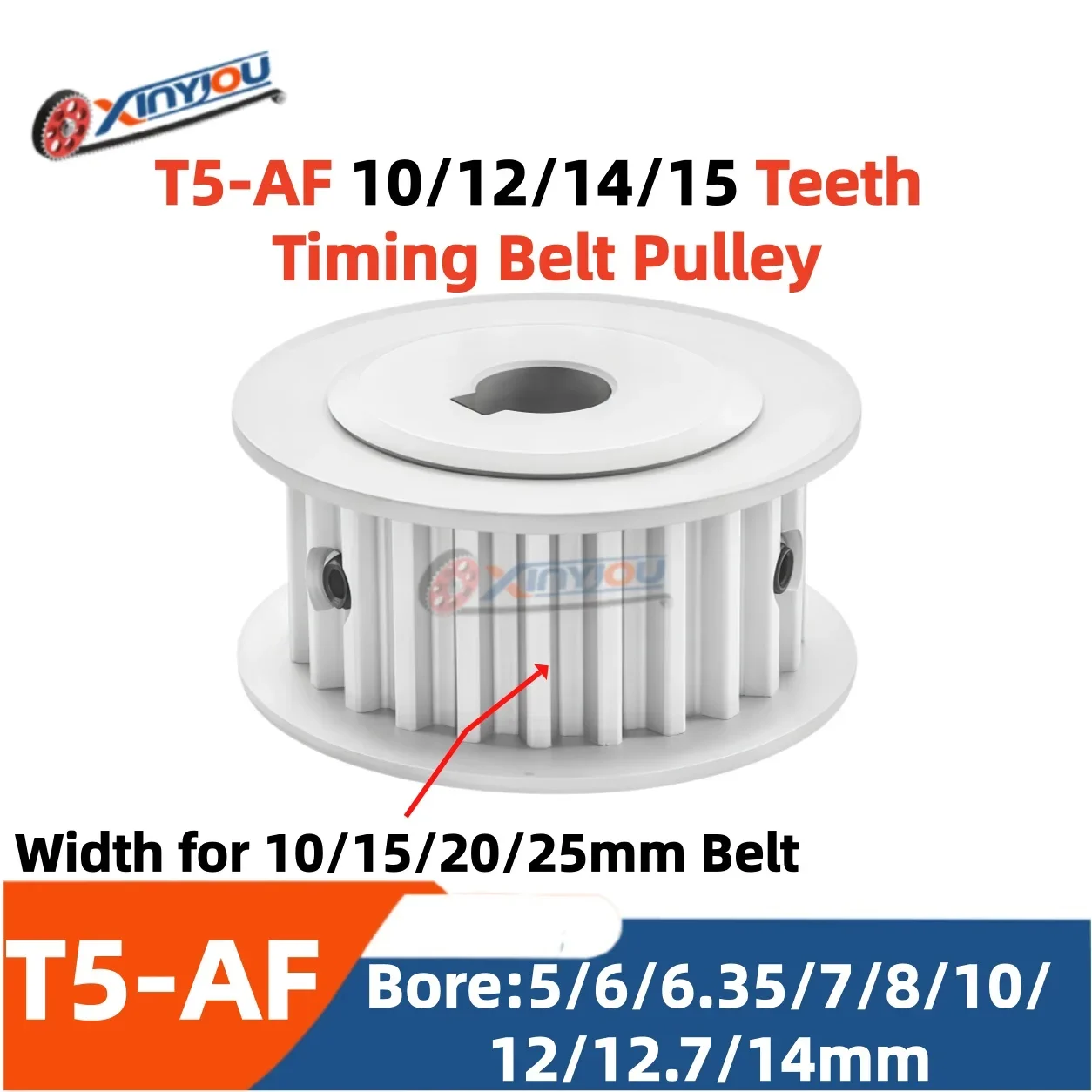 T5 10-15T Timing Pulley AF Synchronous Wheel 11-27mm for 10-25mm Belt Aluminum Bore 8-25mm Keyway Set Screws CNC Router 3D Robot
