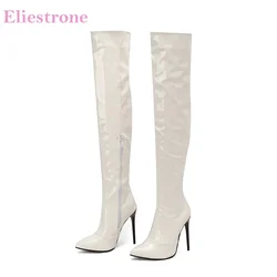 Winter Mature White Green Women Over the Knee High Boots Sexy Pointed Toe Thin Heels Lady Shoes Plus Big Size 12 43 46 48