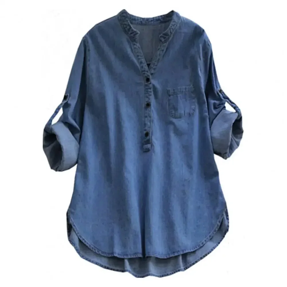 Women Solid Color Denim Shirt Breathable Women Shirt Stylish Women's Solid Color Denim Shirt with Small Stand Collar for A