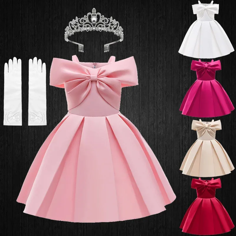 

Summer Style Young Girl Pink White Solid Color Halter Pleated Dress Children Formal Occasion Ceremony Elegant Kids Party Dresses