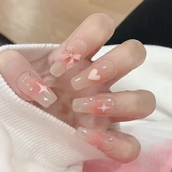 24 Uds uñas postizas de Ballet largas transparente prensa en uñas postizas con lazo de diamantes de imitación diseño de corazón puntas de uñas artificiales extraíbles