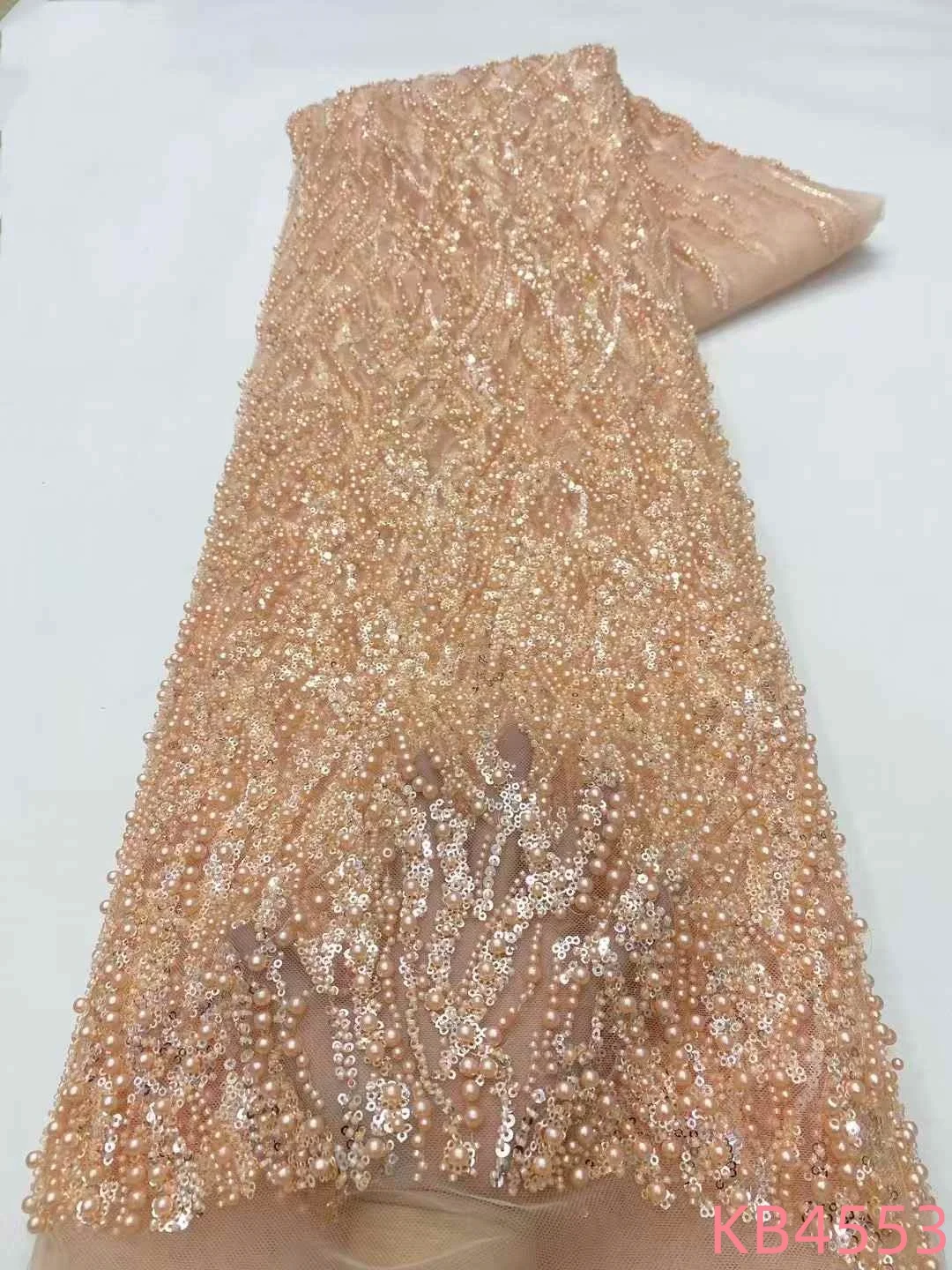 African Lace Fabric Sequins Lace Fabric High Quality 2025 Pink Beaded Tulle Lace French Mesh Lace For Wedding Party Dress KB4553