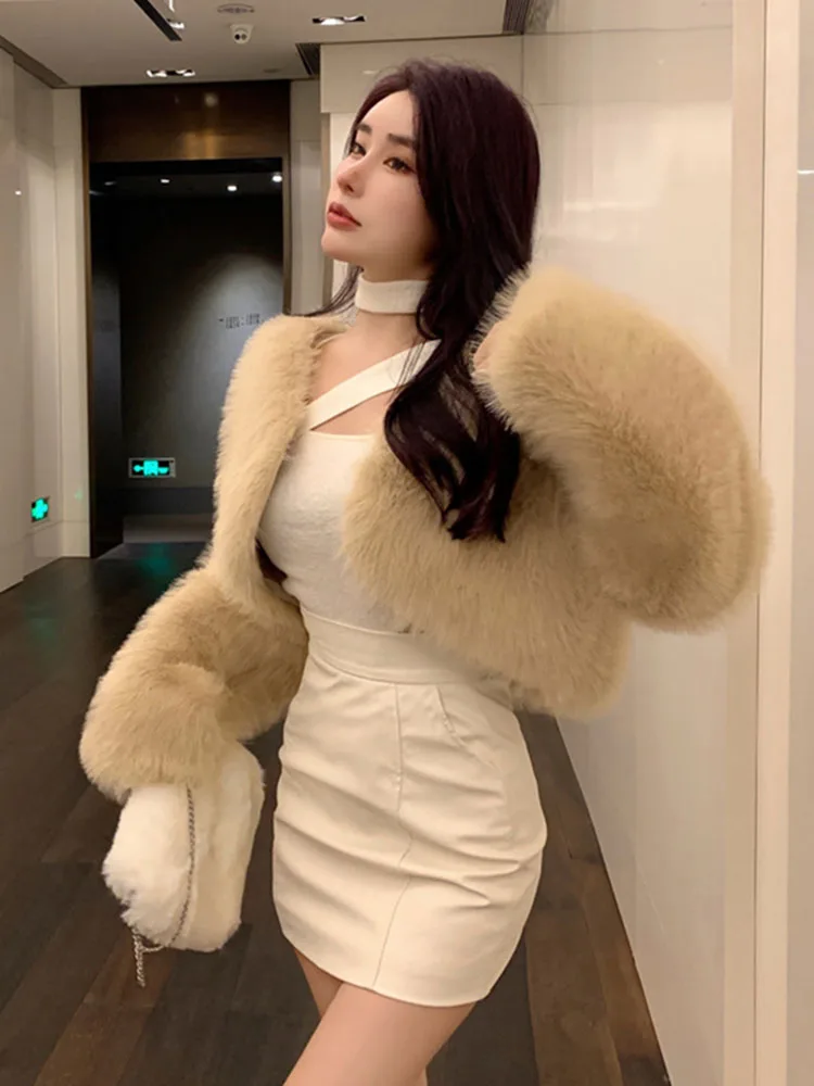 ZADORIN Elegant Women Cropped Faux Fur Coat Cardigan Party Club Tops Autumn Winter Sexy V-neck Short Furry Jacket Women Clothing