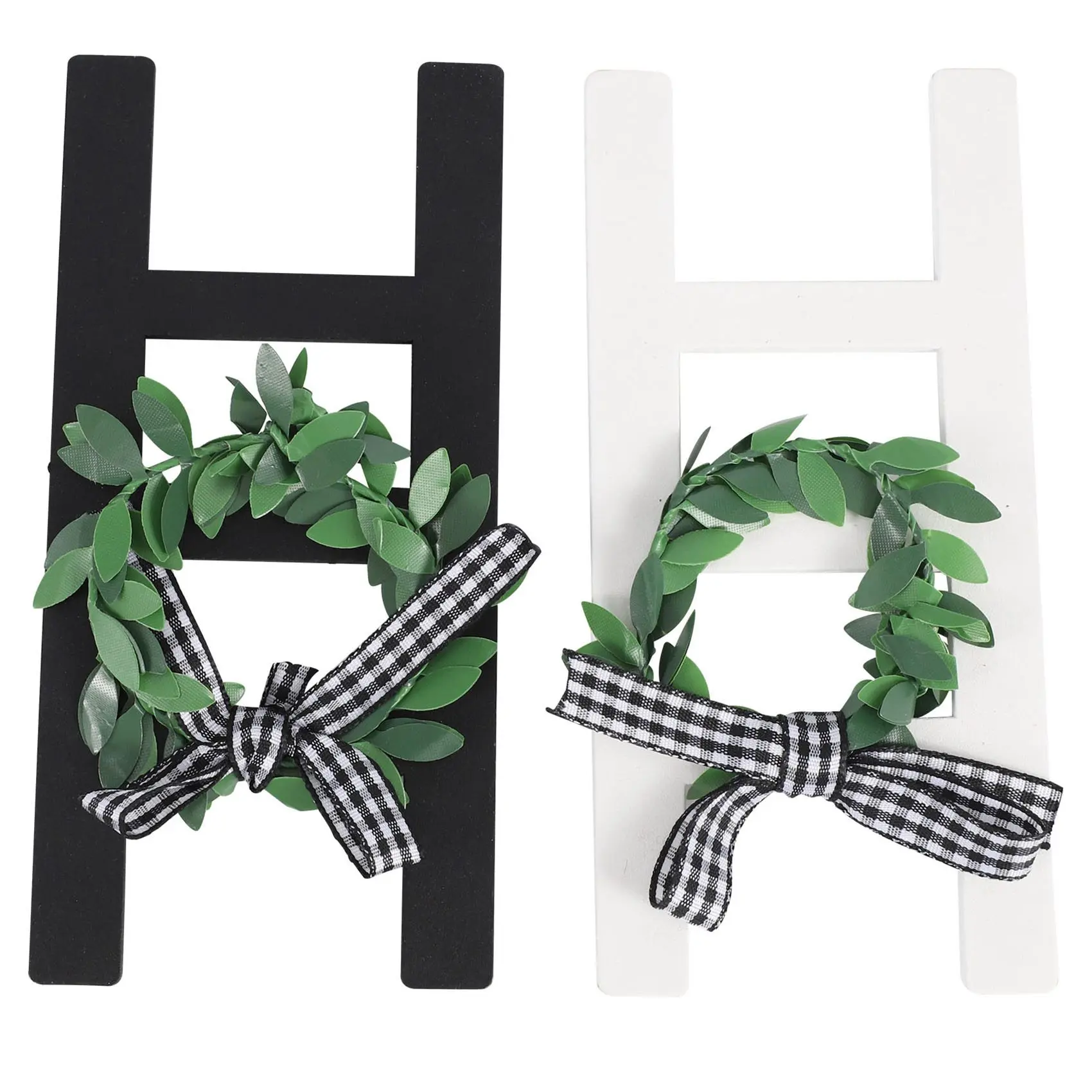 2Pcs Wooden Ladder Tray Decoration Frame Black&White Plaid Farmhouse Ladder Sign Decor Summer Rustic Sign Decoration