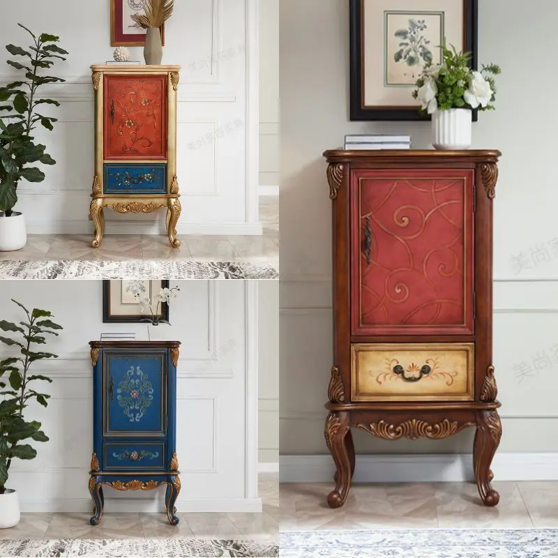 

Painted solid wood storage cabinet with drawers, living room storage side cabinet, European-style small apartment decoration