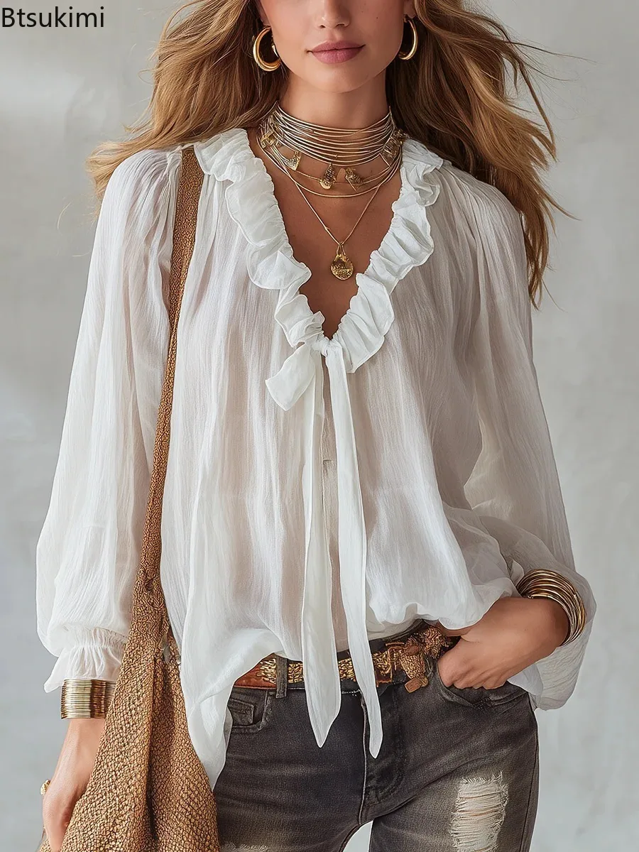 

2026 Women's Thin Loose V-neck Shirt Fashion Solid Ruffle Edge Splicing Design Long Sleeved Top Ladies Casual Lace Up Blouses