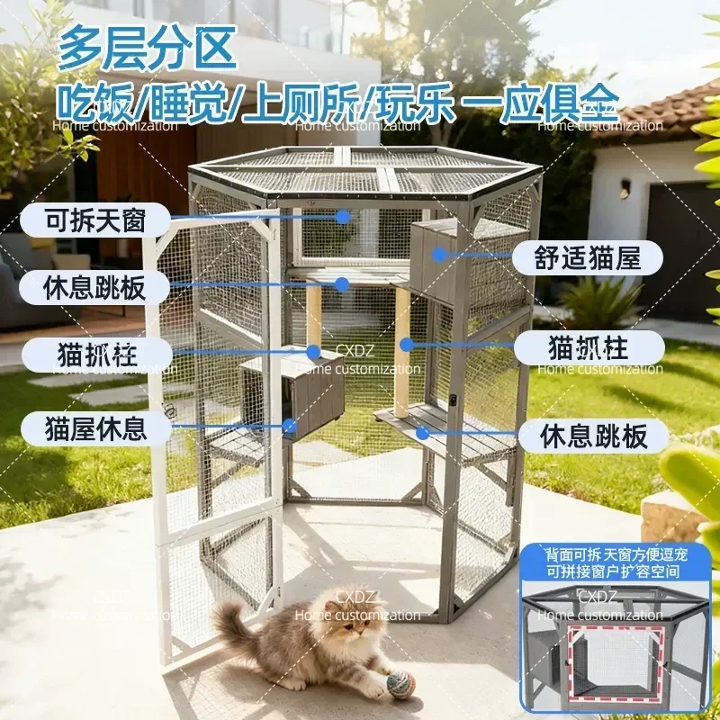 Outdoor Hexagonal Cat Cage Villa Breathable Nest House with Springboard Escape Room Sun Shelter for Courtyard Garden Pets