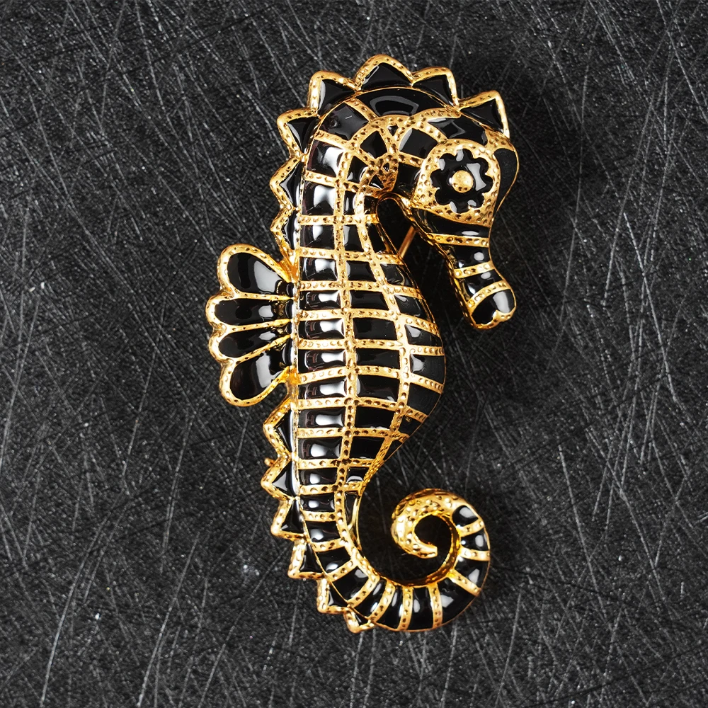 

Vintage Enamel Hippocampus Brooches for Women Men Black Stripe Sea Horse Animal Party Office Brooch Pin Gifts Jewelry